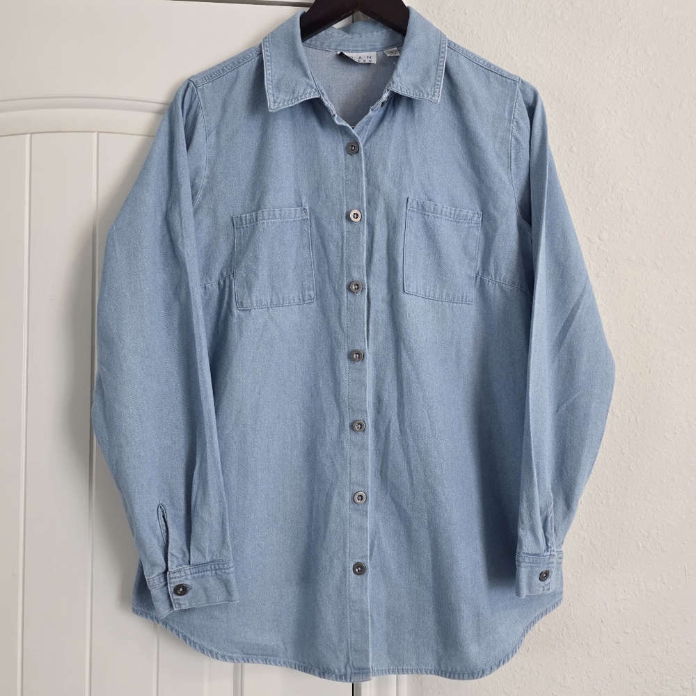 Joan Rivers Cotton Denim Button Up Front Boyfriend Shirt Sz Small